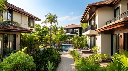 Fototapeta premium Luxurious Beachfront Resort with Elegant Villas Surrounded by Tropical Gardens