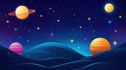 Colorful illustration of a vibrant cosmic scene featuring planets and stars against a night sky with abstract hills