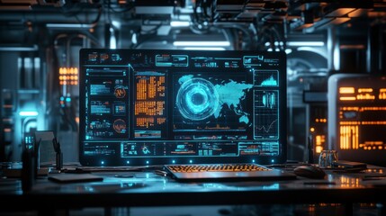 Futuristic control room displaying global analytics and data analysis
