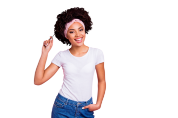 Close up photo beautiful amazing she her dark skin lady arm hand finger wind one curl easy-going pretty attractive perfect teeth wear head scarf casual white t-shirt isolated pink bright background