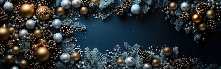 Blue Merry Christmas banner with pine cones, twigs and shiny balls. Christmas celebrate greeting background with free space for your wishes. Mockup template
