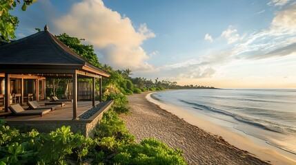 Fototapeta premium Beachfront Yoga Pavilion Overlooking Peaceful Ocean Waves at Tropical Resort