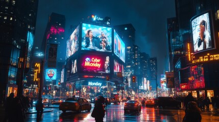 Obraz premium People crossing street at night with illuminated advertising and bright lights in toronto