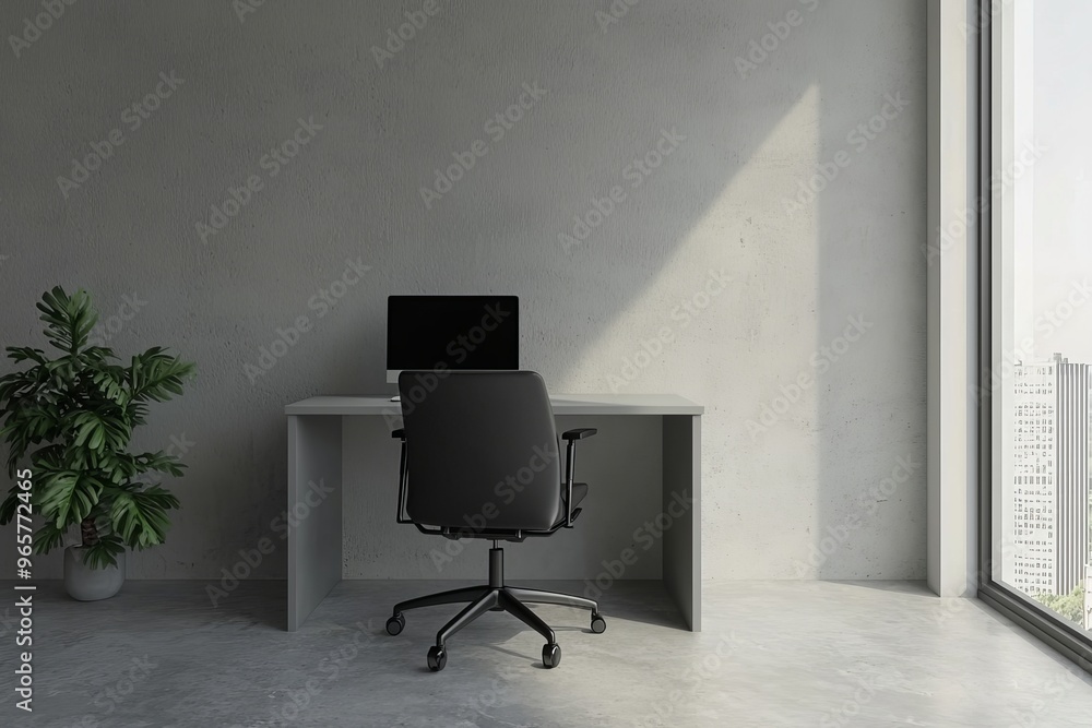 Poster the mockup shows a gray workplace interior with laptops on tables in a row and a window.