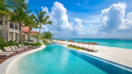 Fototapeta premium Serene Lagoon-Style Pool at Beachfront Resort with Ample Copy Space