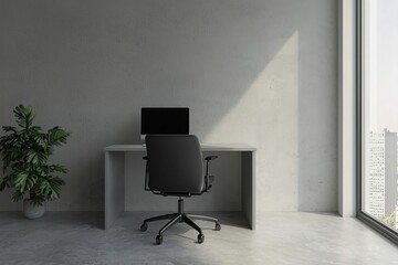 The mockup shows a gray workplace interior with laptops on tables in a row and a window.