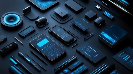 Futuristic tech startup branding mockup with metallic devices