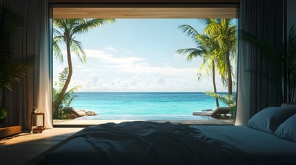 Obraz premium Luxurious Beachfront Resort Bedroom with Stunning Ocean View