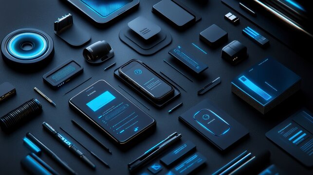 Futuristic tech startup branding mockup with metallic devices