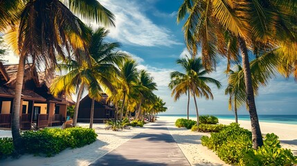 Scenic Beachfront Resort with Lush Palm-Lined Pathway for Relaxing Vacation