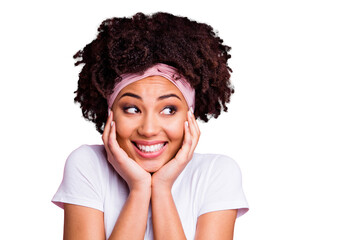 Close up photo beautiful amazing she her dark skin lady hold hands arms palms cheeks cheekbones cute peaceful look side empty space wear head scarf casual white t-shirt isolated pink bright background