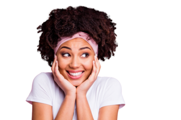 Close up photo beautiful amazing she her dark skin lady hold hands arms palms cheeks cheekbones cute peaceful look side empty space wear head scarf casual white t-shirt isolated pink bright background