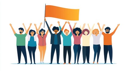 Fototapeta premium Diverse group of people celebrating with an orange flag, raising arms in unity and joy. Flat vector illustration on a white background.