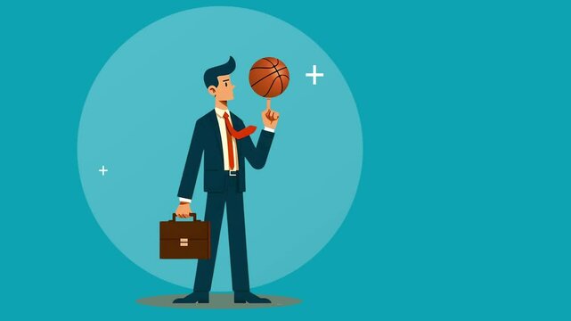 Animation of a businessman playing basketball in between busy office work, as a symbol of refreshment and physical fitness