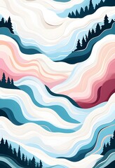 Christmas-themed abstract winter landscape with fluid, flowing lines representing snow-covered hills and trees in soft, pastel shades