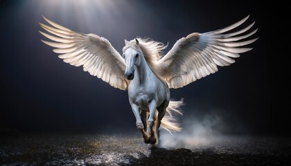 striking scene of a white horse standing prominently in the foreground, surrounded by a group of black horses. The background is shrouded in mist, creating a dramatic atmosphere.