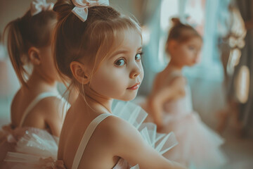 Naklejka premium Generative AI picture of beautiful children preparing ballet dance school performance in stage ballroom gown