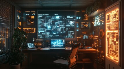 High tech home workspace with screens showing data analysis and code in a dark room at night