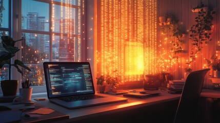 Modern home office showing futuristic augmented reality data visualization