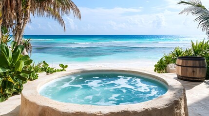 Obraz premium Luxurious Beachfront Resort with Jacuzzi and Ocean Vistas