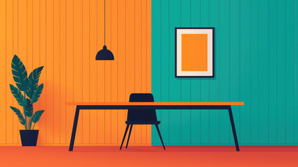 Modern minimalist office with vibrant orange and teal walls, sleek black furniture, and a potted plant, featuring contemporary design elements.