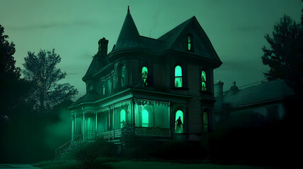 Obraz premium spooky, old Victorian house with eerie green lighting in the windows and ghostly figures lurking in the shadows