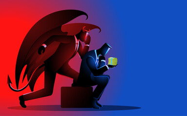 Businessman holding cash, looking pensive, while Satan whispers in his ear, symbolizing the struggle between greed and morality. Perfect for business ethics and financial temptation themes