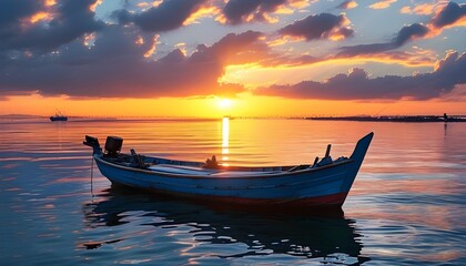 Fototapeta premium Serene fishing boat gliding across tranquil waters during a stunning sunset with breathtaking natural scenery