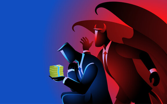 Businessman holding cash, looking pensive, while Satan whispers in his ear, symbolizing the struggle between greed and morality. Perfect for business ethics and financial temptation themes