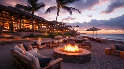 Fototapeta premium Cozy Beachfront Resort with Inviting Lounges and Fireside Ambiance