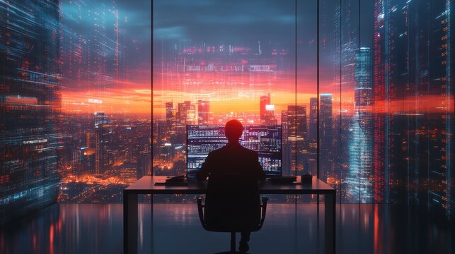 Businessman working with computer data visualizations in modern office at sunset
