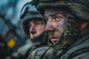 Obraz premium Generated with AI close up photo of soldier in full combat gear camouflage