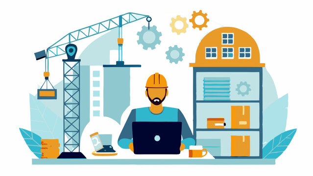 Professional Contractor Working on Laptop - Vector Illustration