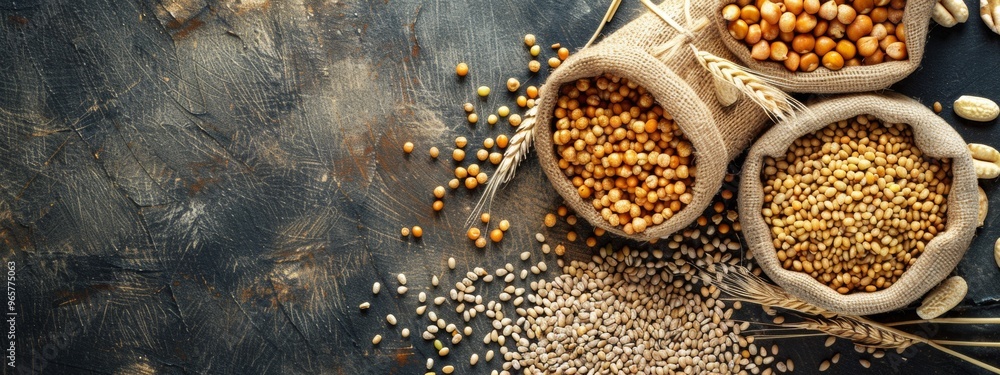 Poster various grains and seeds in burlap sacks on a rustic textured surface