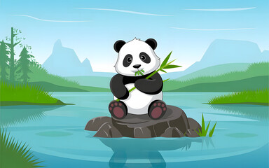 Obraz premium Cute Panda Eating Bamboo on a Rock by the River