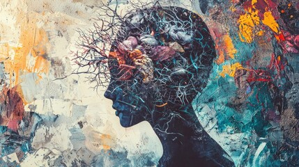 Complexity of human mind. Chaotic nature of human mind, tangled thoughts, conflicts, and emotional pressure and stress. Contemporary art collage. Concept of psychology, inner world, therapy