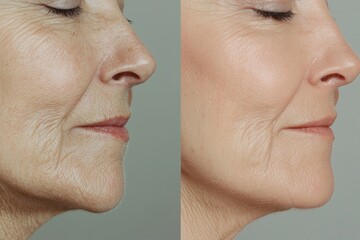 Obraz premium Before and after facelift. Plastic surgery results, face fitness. Mature woman before and after beauty aesthetic procedure. Skin aging, facial wrinkles treatment, skincare.