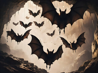Fototapeta premium Bats hanging from a cave ceiling with shafts of light piercing through darkness