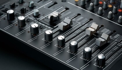 A close up of a black audio mixer with knobs and buttons.