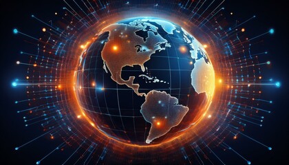 Obraz premium A digital image of the Earth with glowing orange and blue dots representing data and communication.