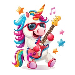 Obraz premium Cute Cartoon Unicorn Playing Electric Guitar with Colorful Mane and Glasses