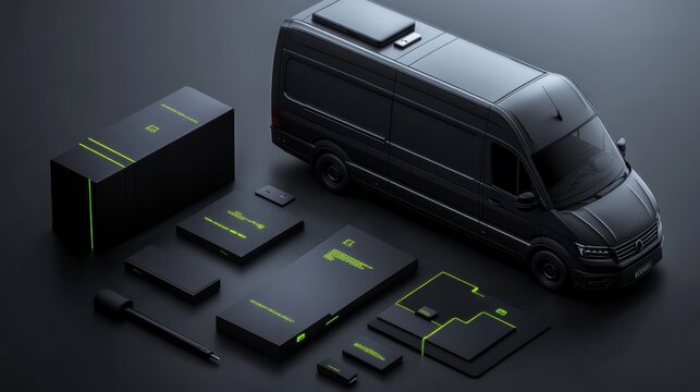 Modern black branding mockup with delivery van