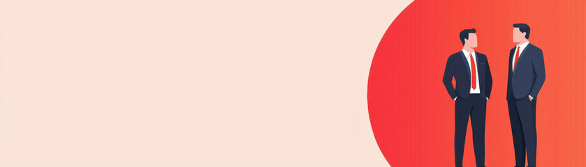 Two businessmen in suits standing and discussing against a red and beige background, symbolizing professional collaboration and networking.