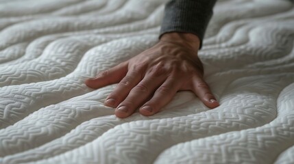 Closeup of man's hand touching soft orthopedic mattress on bed at home
