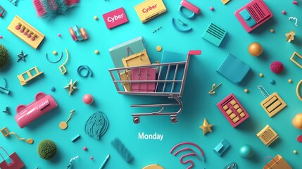 Shopping cart full of gifts for cyber monday deals on turquoise background