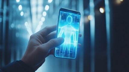 Businessman holding smartphone using hologram technology interface