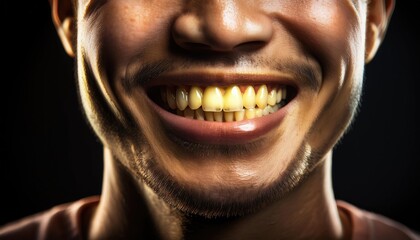 Naklejka premium CLOSE UP OF A MAN SMILE WIDELY UNTIL TEETH ARE VISIBLE