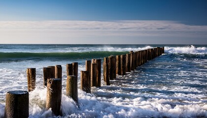 A photo of wooden pilings in the surf.