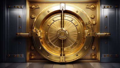 A photorealistic gold vault door slightly ajar