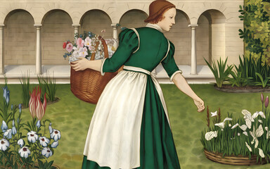Woman in Green Dress with Basket of Flowers in Garden